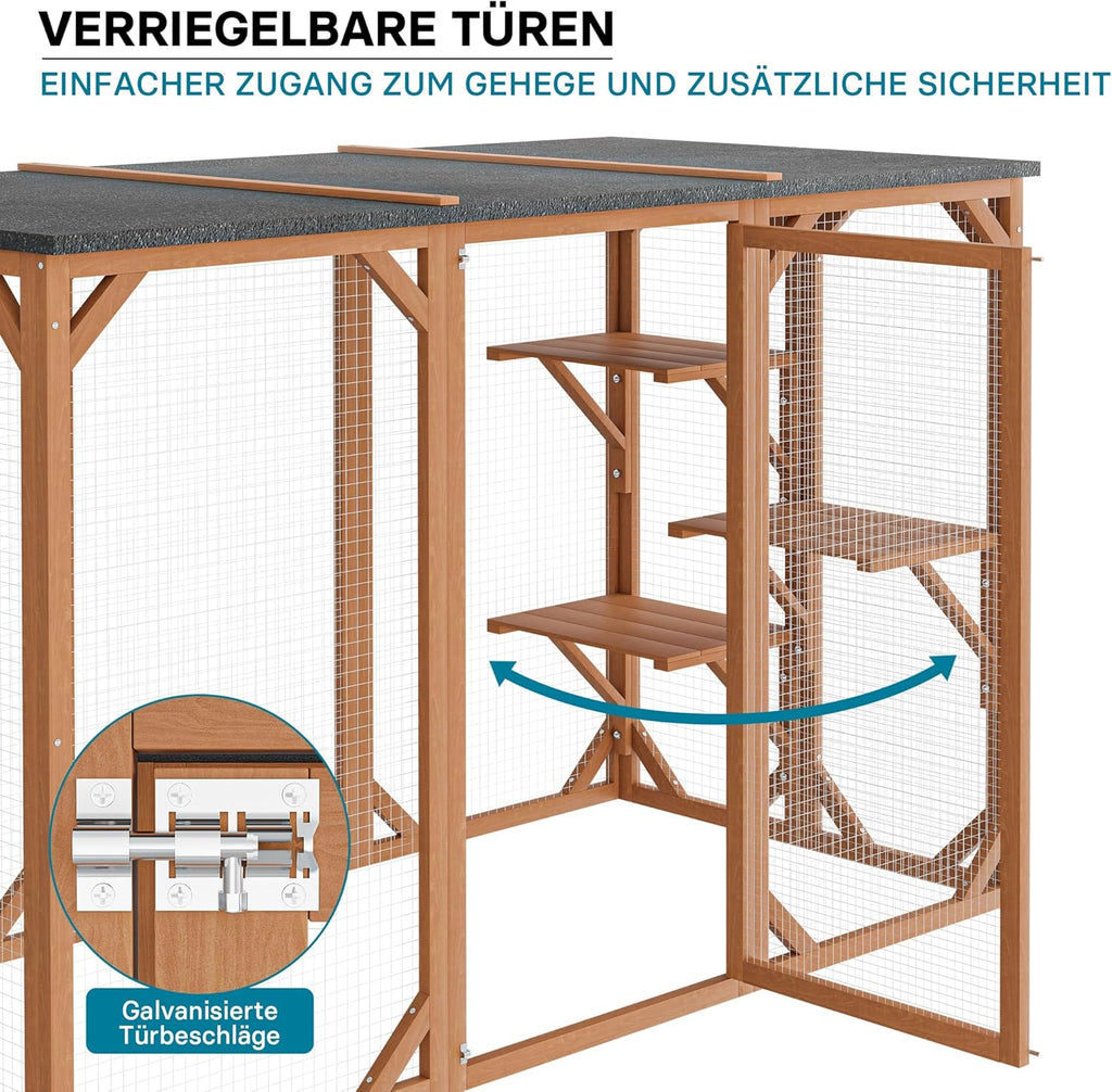Wiltec Freilaufgehege Katzen 168 x 82 x 166,5 cm mit 6 Liegeflächen, wetterfestes Katzengehege Garten, Katzenhaus mit Drahtgitter und Bitumen Dach