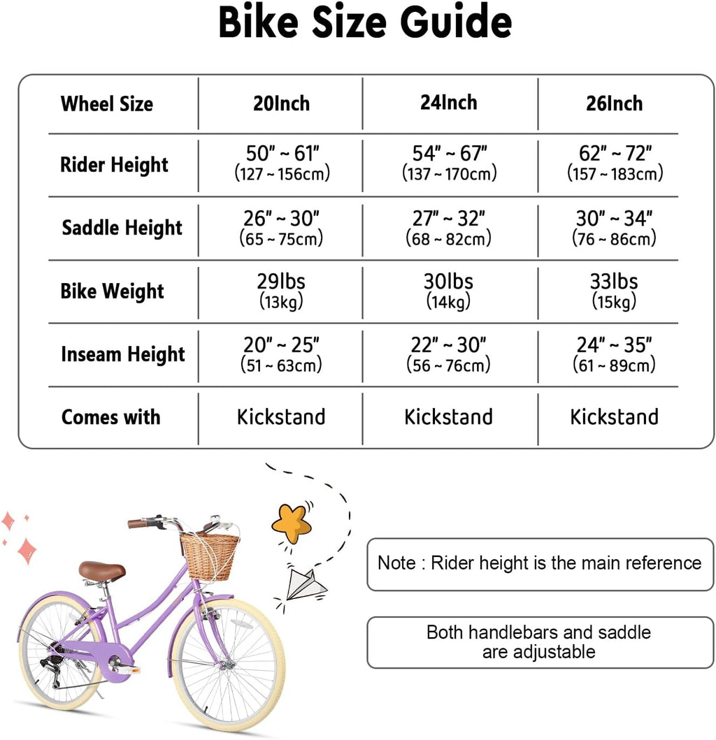 Glerc Missy 20 24 26 Zoll Mädchen City 6-Gang Hybrid Cruiser Fahrrad mit Weidenkorb für Jugend über 6-Jahre alt, mehrere Farben