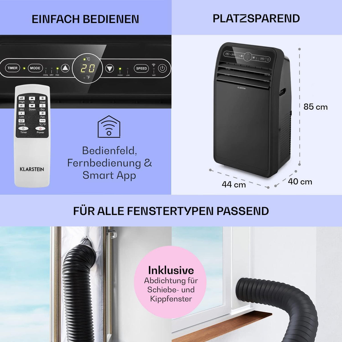 Klarstein Mobile Klimaanlage mit Abluftschlauch, 4-in-1 Klimagerät mit Ventilator, Luftentfeuchter & Nachtmodus, Kleine & Portable Klimaanlage für Wohnung & Büro, Niedriger Verbrauch, 9000 BTU