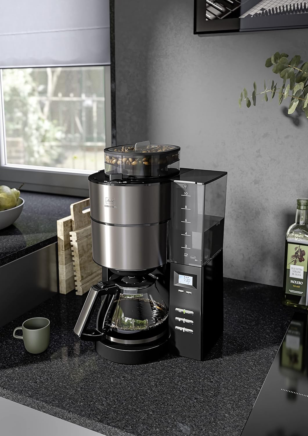 Melitta AromaFresh - Filterkaffeemaschine - mit Glaskanne - integriertes Mahlwerk - Timer Funktion - 10 Tassen - Pure Black