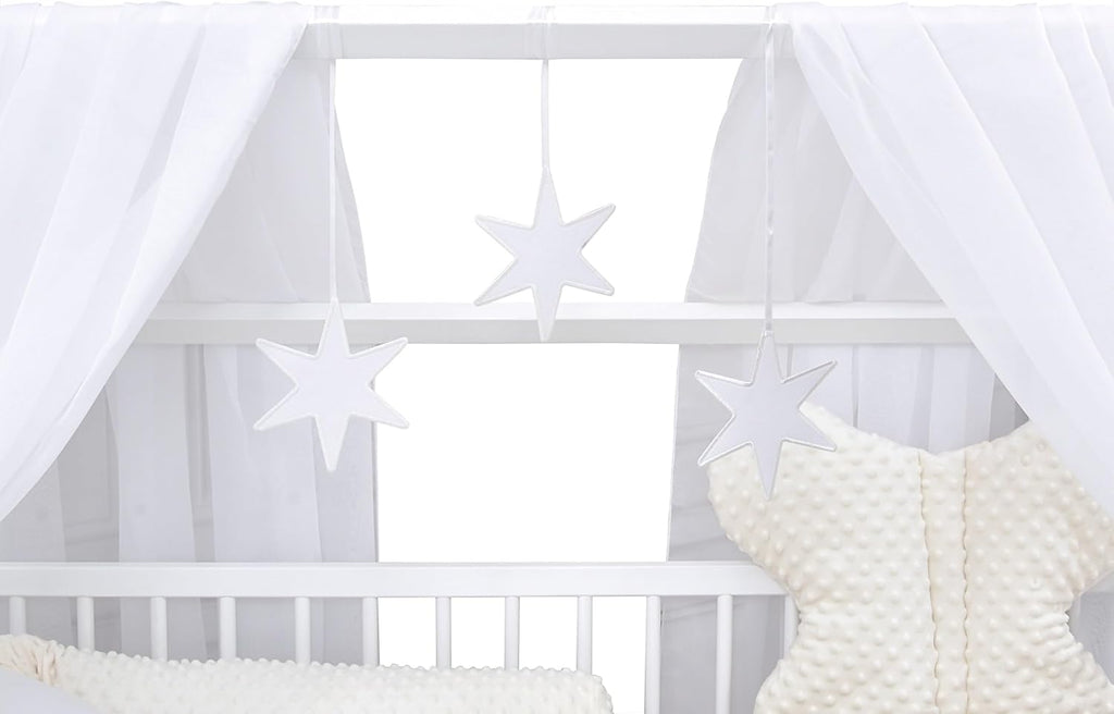 Baby Delux Babybett Komplett Set Hausbett 60x120 cm weiß Schublade Rausfallschutz Kinderbett Matratze Bettwäsche Deko Set (Prince Stars)