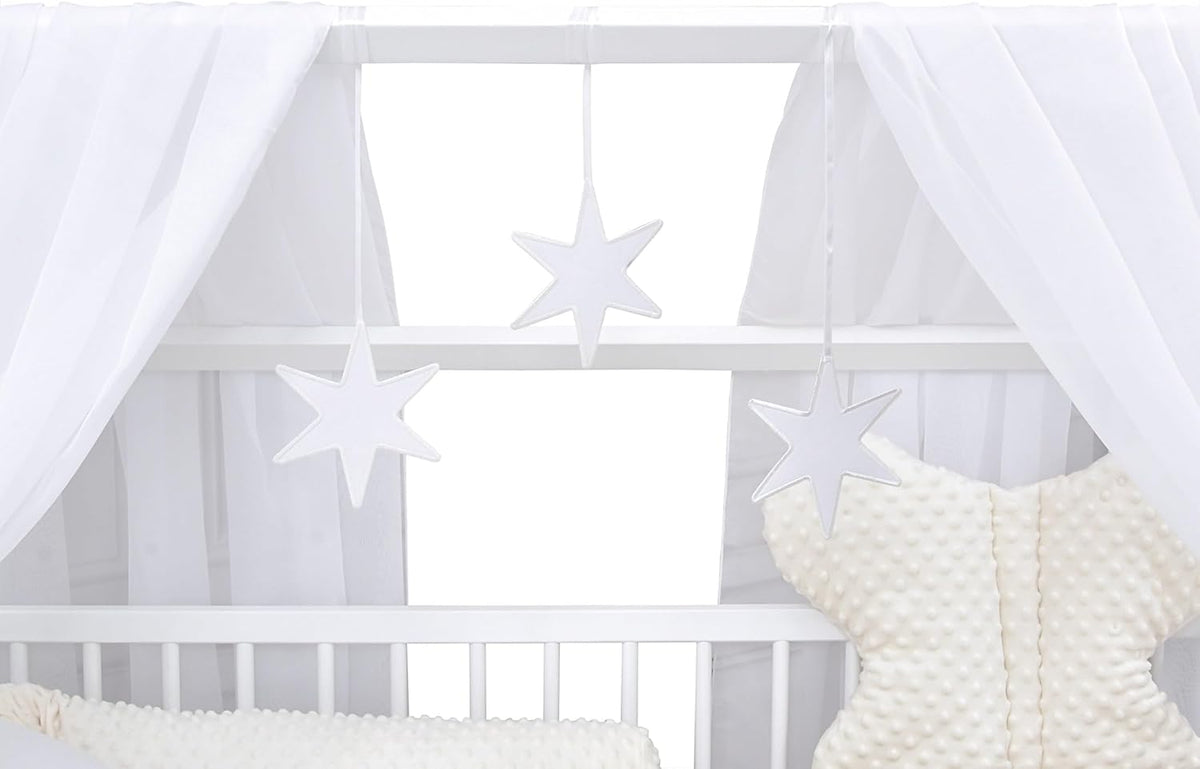 Baby Delux Babybett Komplett Set Hausbett 60x120 cm weiß Schublade Rausfallschutz Kinderbett Matratze Bettwäsche Deko Set (Prince Stars)