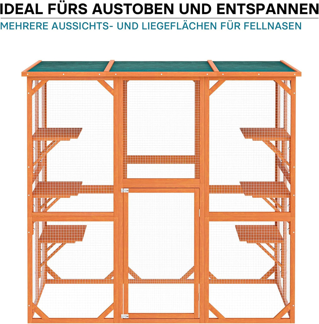 Wiltec Freilaufgehege Katzen 168 x 82 x 166,5 cm mit 6 Liegeflächen, wetterfestes Katzengehege Garten, Katzenhaus mit Drahtgitter und Bitumen Dach