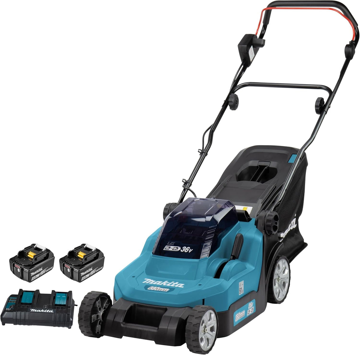 Makita DLM382PM2 Akku-Rasenmäher 2x18 V / 4,0 Ah, 2 Akkus + Doppelladegerät