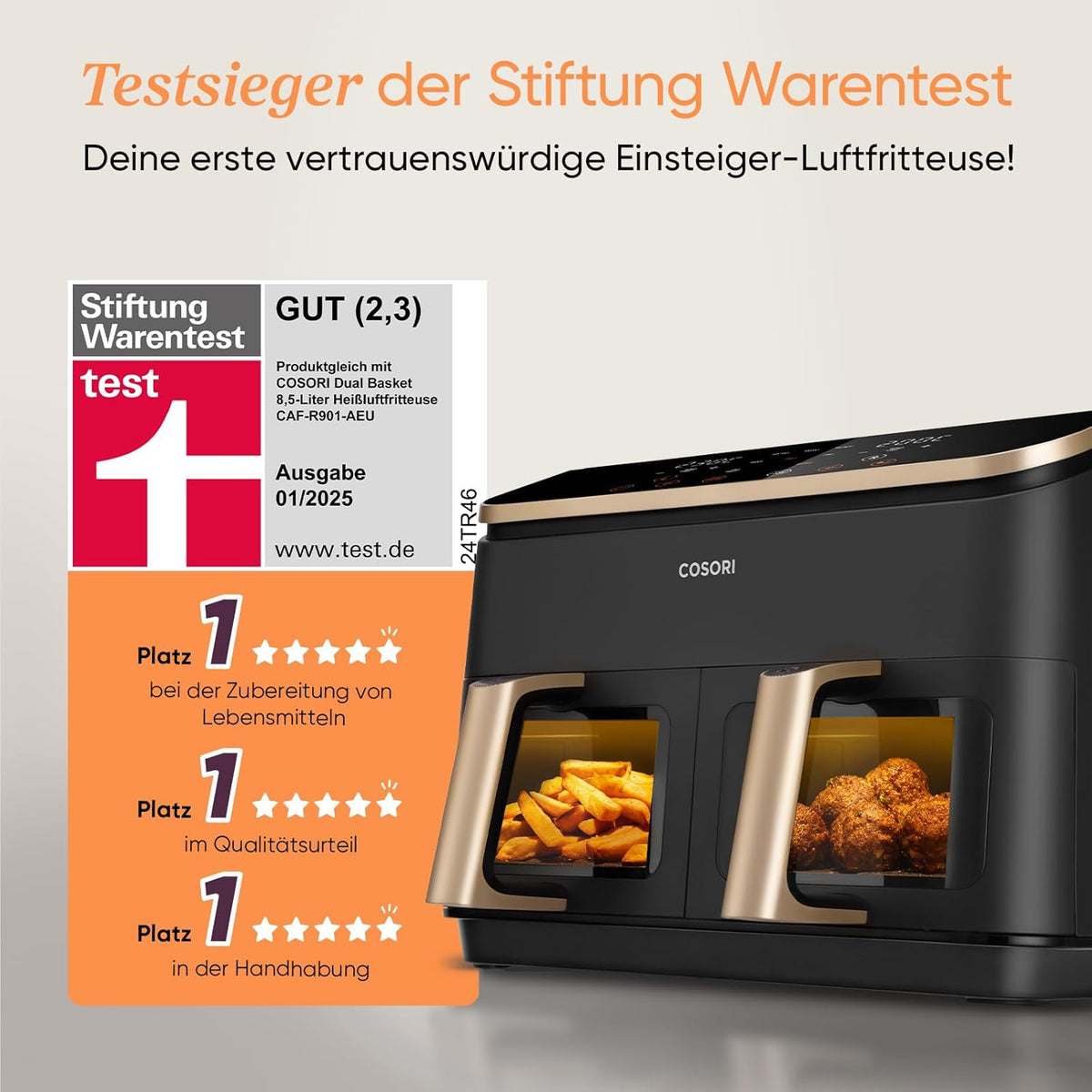 COSORI Heißluftfritteuse 2 Kammern, Airfryer Testsieger der Stiftung Warentest, 6-in-1 Dual Zone Air fryer 8,5 L, Heissluftfritteuse Doppelkammer mit Sichtfenster, energiesparend, Gold