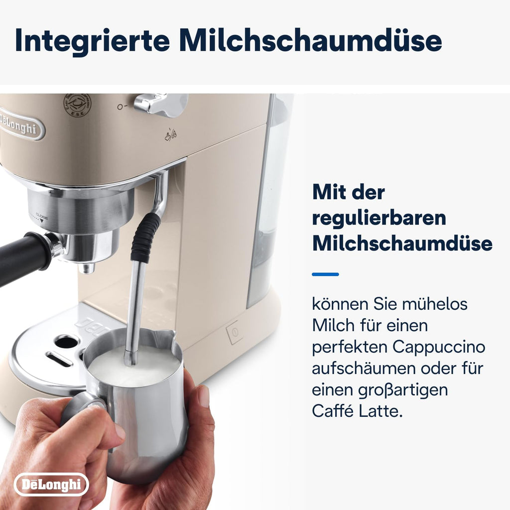 De'Longhi Dedica Style EC 685.M – Espresso Siebtrgermaschine, Espressomaschine mit professionellem Milchaufschumer, nur 15 cm breit, für Kaffeepulver oder ESE Pads, 1 l Wassertank, silber