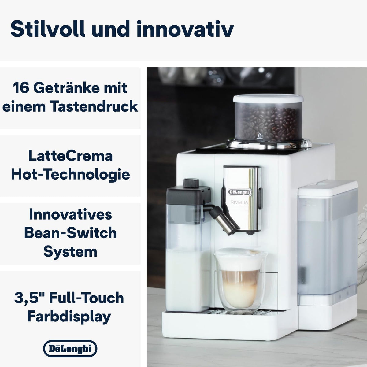 De'Longhi Rivelia EXAM440.55.W Kaffeevollautomat mit LatteCrema Milchsystem, Wechselbarer Bohnenbehälter, 16 Kaffee- & Milchgetränke auf Knopfdruck, Extra-Shot-Funktion, 3,5 Touch-Display, Weiß
