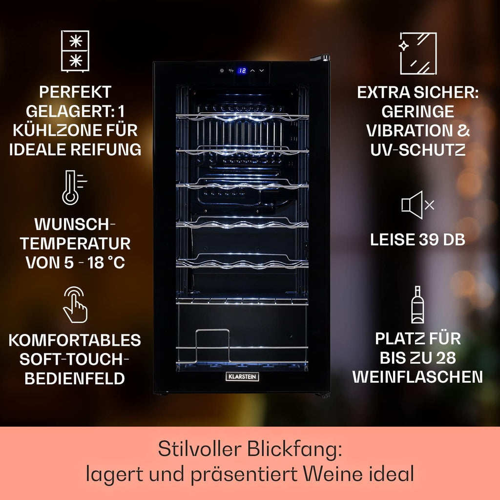 Klarstein Weinkühlschrank, 1 Zonen Getränkekühlschrank Klein, Kleiner Weinschrank 74L, Wein-Kühlschrank Klein mit Glastür, Indoor/Outdoor Flaschenkühlschrank, Wine Fridge 5-18°C, 28 Flaschen