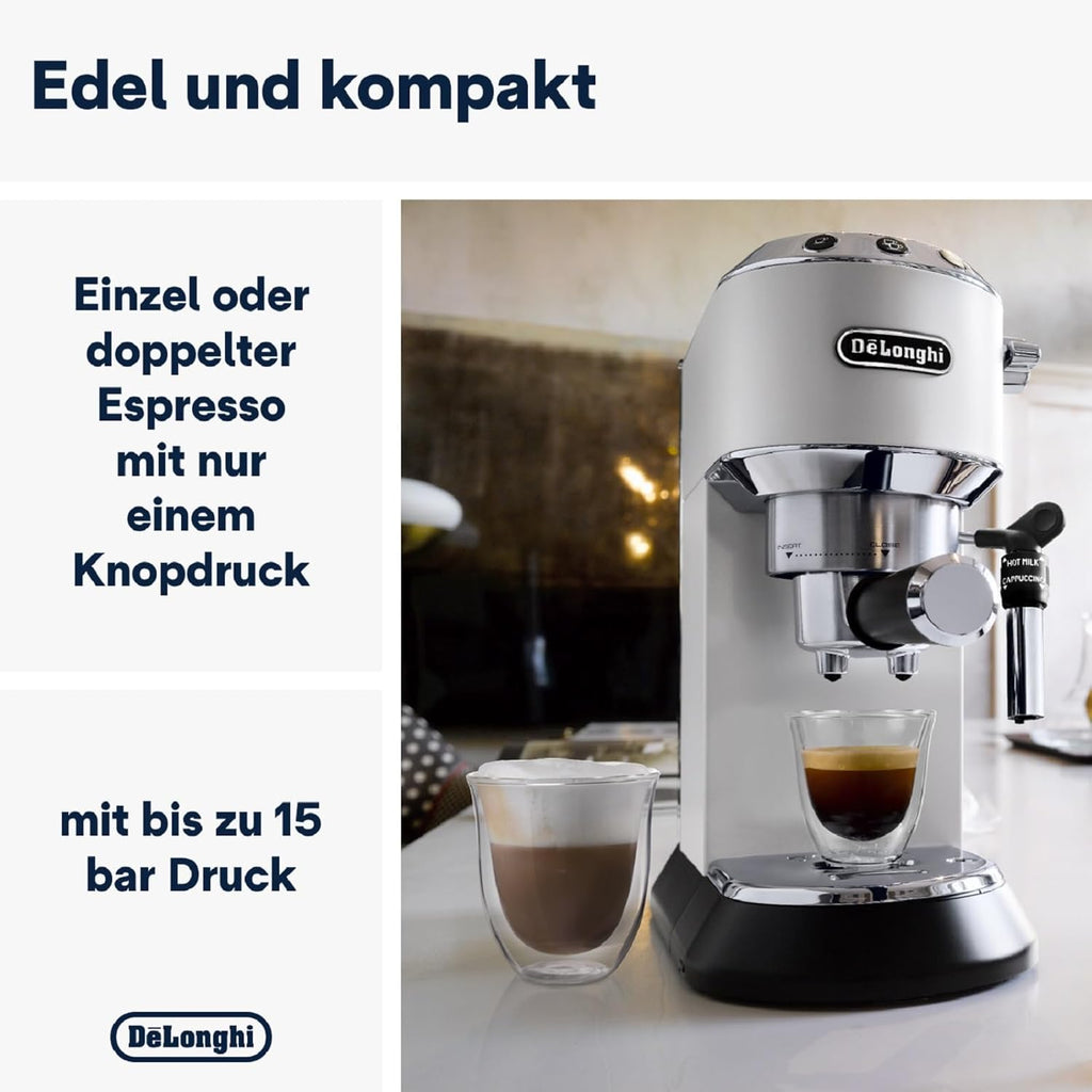 De'Longhi Dedica Style EC 685.M – Espresso Siebtrgermaschine, Espressomaschine mit professionellem Milchaufschumer, nur 15 cm breit, für Kaffeepulver oder ESE Pads, 1 l Wassertank, silber