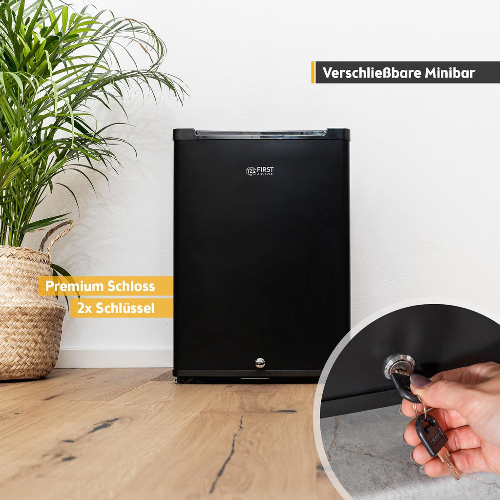 TZS First Austria - Mini Kühlschrank 40L lautlos & abschließbar - Kleiner Minikühlschrank, wechselbarer Türanschlag & Innenbeleuchtung - Minibar für Camping, Büro, Schlafzimmer & Hotel - Mattschwarz