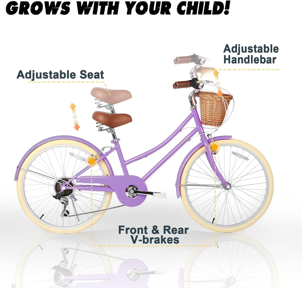 Glerc Missy 20 24 26 Zoll Mädchen City 6-Gang Hybrid Cruiser Fahrrad mit Weidenkorb für Jugend über 6-Jahre alt, mehrere Farben