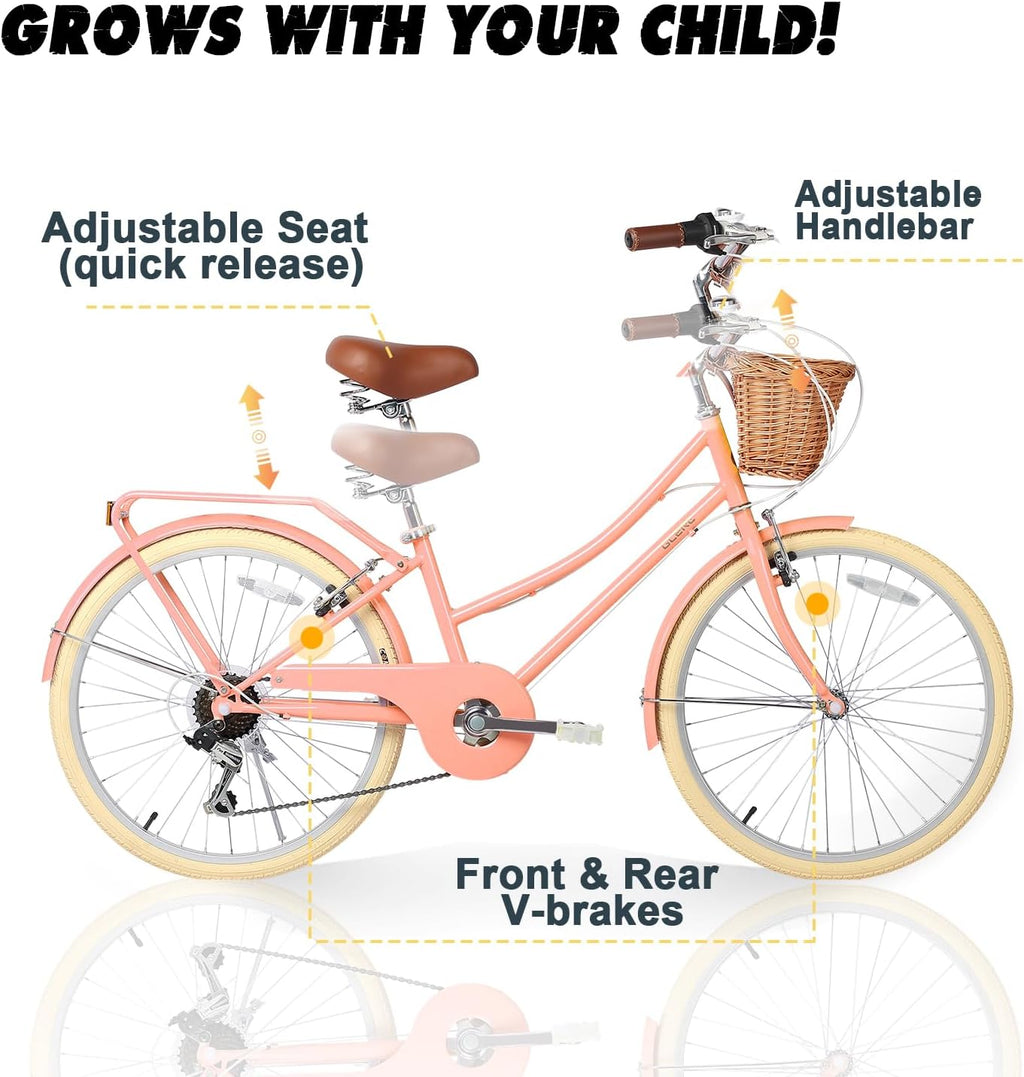 Glerc Missy 20 24 26 Zoll Mädchen City 6-Gang Hybrid Cruiser Fahrrad mit Weidenkorb für Jugend über 6-Jahre alt, mehrere Farben