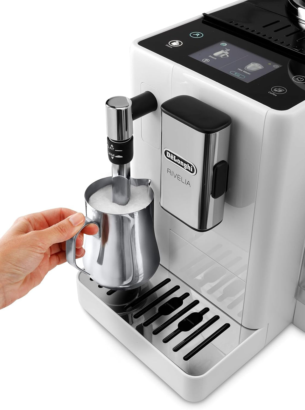 De'Longhi Rivelia EXAM440.55.W Kaffeevollautomat mit LatteCrema Milchsystem, Wechselbarer Bohnenbehälter, 16 Kaffee- & Milchgetränke auf Knopfdruck, Extra-Shot-Funktion, 3,5 Touch-Display, Weiß