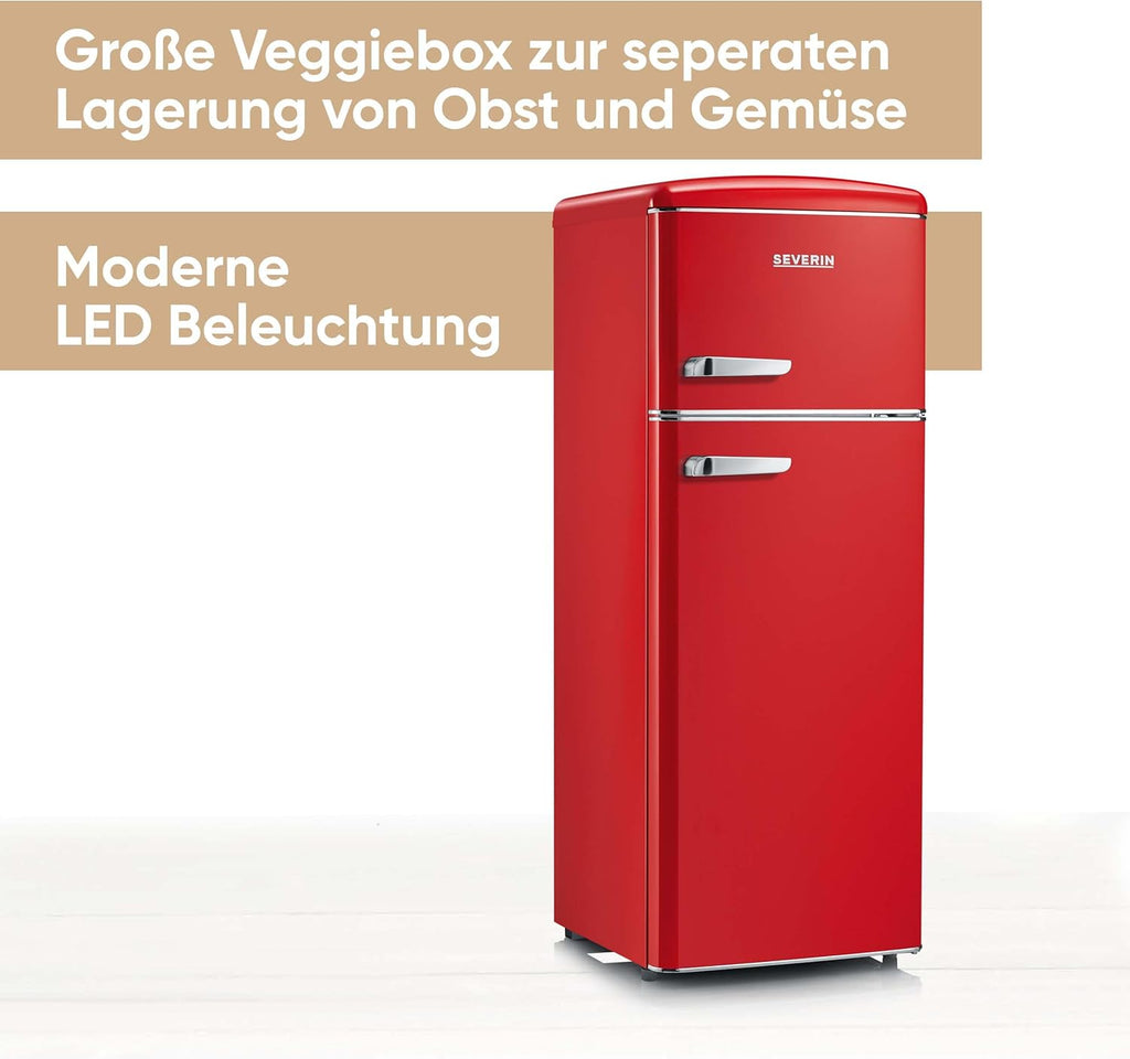 SEVERIN Retro - Kühl-/ Gefrierkombination, platzsparendes Raumwunder, 4 x höhenverstellbare Abstellflächen und eine große Veggiebox, 206 L Nutzinhalt, creme, RKG 8933