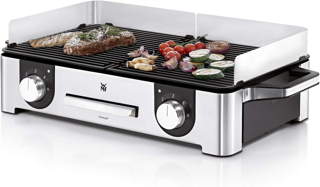 WMF Lono Master-Grill, Elektrogrill, 50x28 cm, Elektrogrill Tischgrill mit Windschutz und Auffangschale, Outdoorzertifiziert für Barbecue, 2 getrennt regulierbare Grillflächen, 2400 W, edelstahl matt