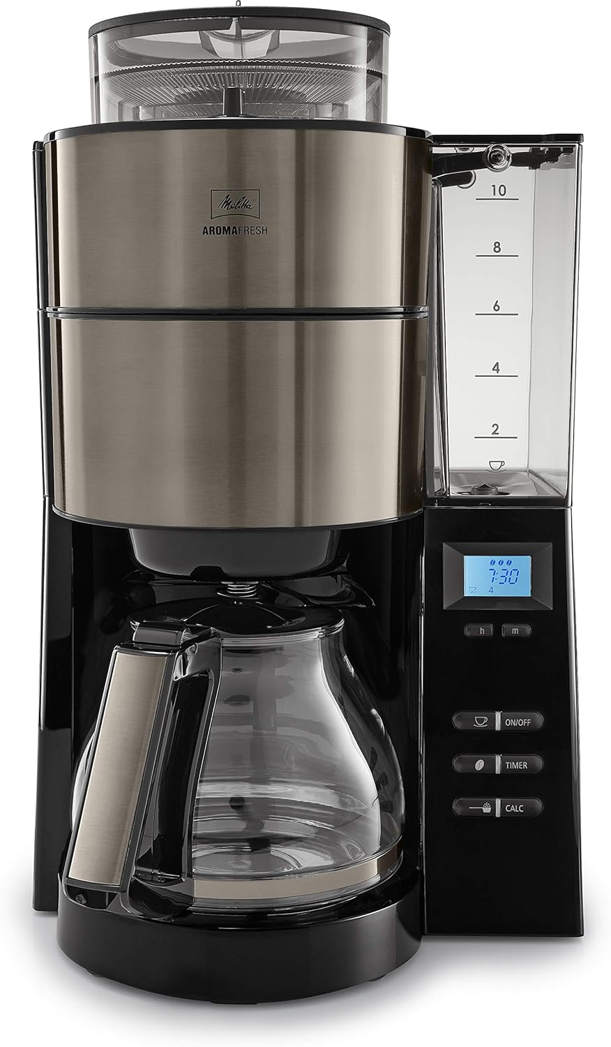 Melitta AromaFresh - Filterkaffeemaschine - mit Glaskanne - integriertes Mahlwerk - Timer Funktion - 10 Tassen - Pure Black