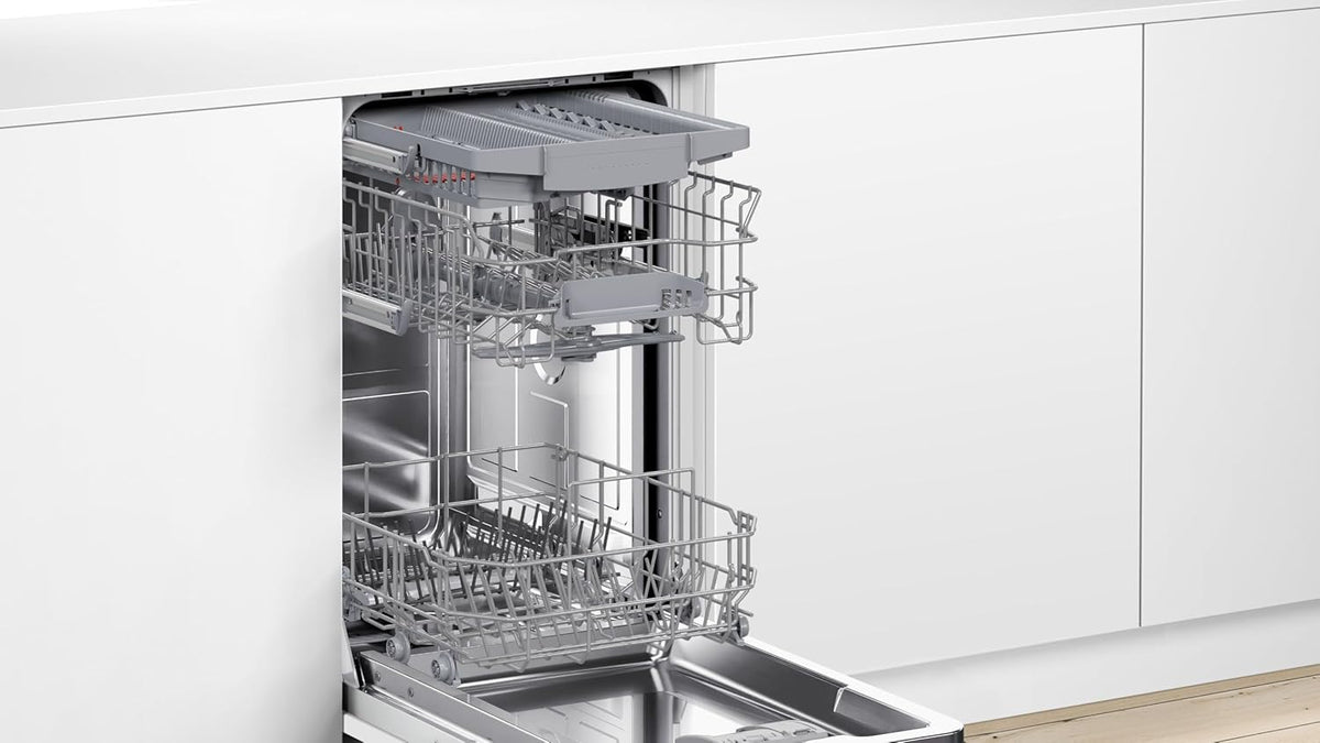 Bosch SPV2IKX10E Serie 2 Smarter Geschirrspüler vollintegriert, 45 cm breit, Besteckkorb, Extra Trocknen auf Knopfdruck, InfoLight roter Lichtpunkt am Boden, AquaStop Schutz gegen Wasserschäden, Weiß