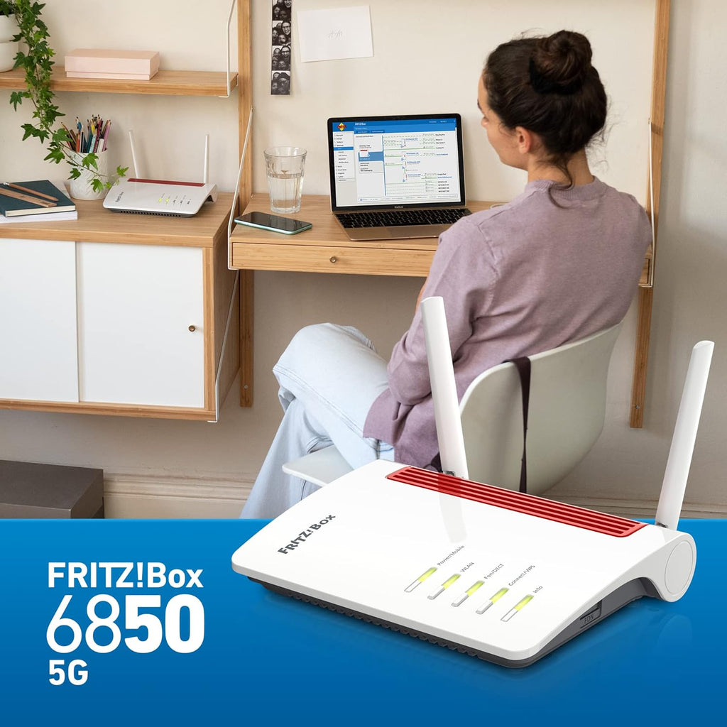 FRITZ!Box 6850 5G (Mobilfunk-Internet bis zu 1.300 MBit/s, WLAN AC+N bis 866 MBit/s (5 GHz) & 400 MBit/s (2,4 GHz), 4 x Gigabit-LAN, DECT-Basis, USB 3.0, geeignet für Deutschland)
