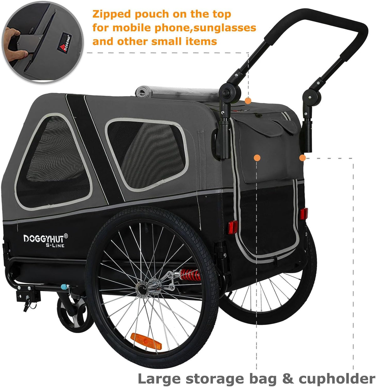 Doggyhut S-Line XL Hundeanhänger & Hundebuggy mit Federung 2 in 1 Hunde Fahrradanhänger Jogger gefedert bis 45 kg