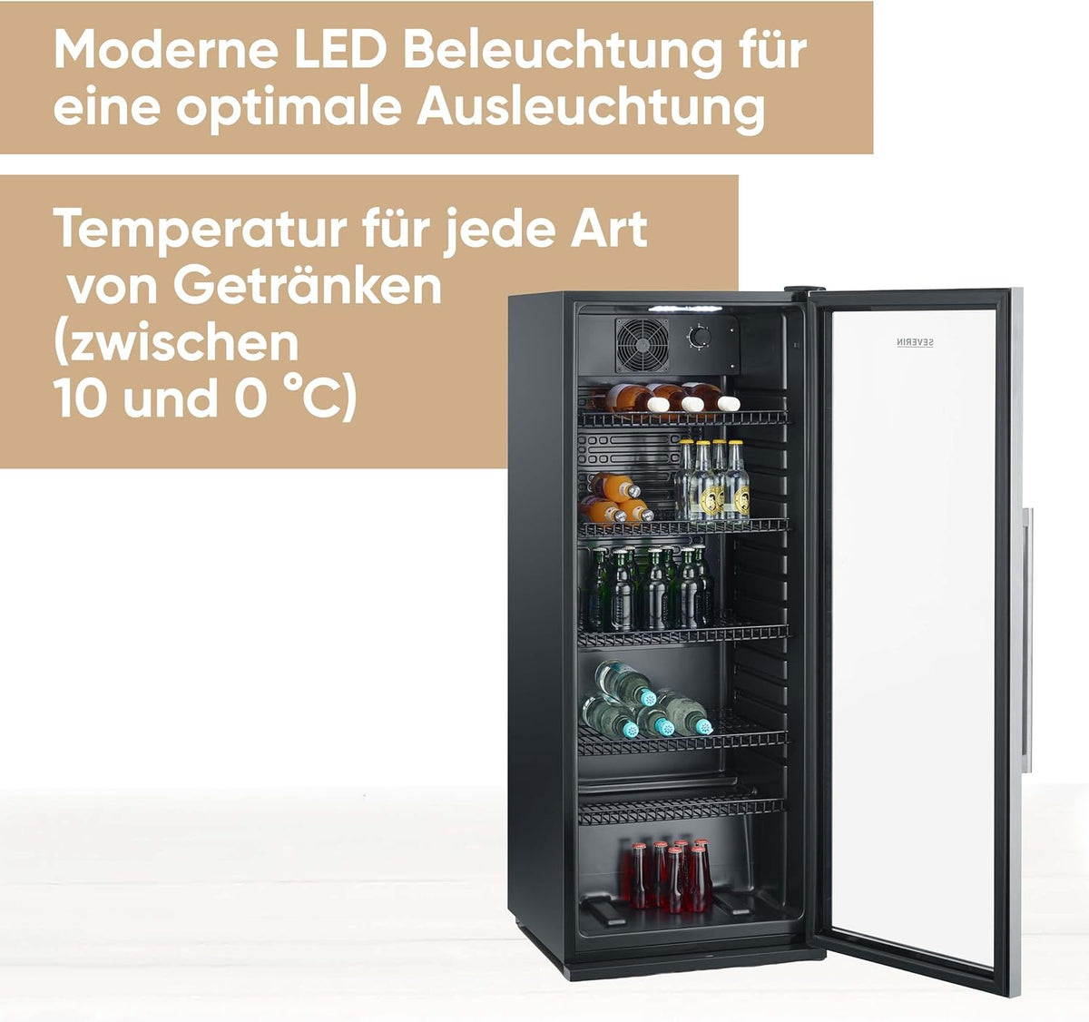 SEVERIN Flaschenkühlschrank, mit integriertem Schloss und integrierter LED-Beleuchtung, 118 L Nutzinhalt, schwarz/silber, FSK 8840