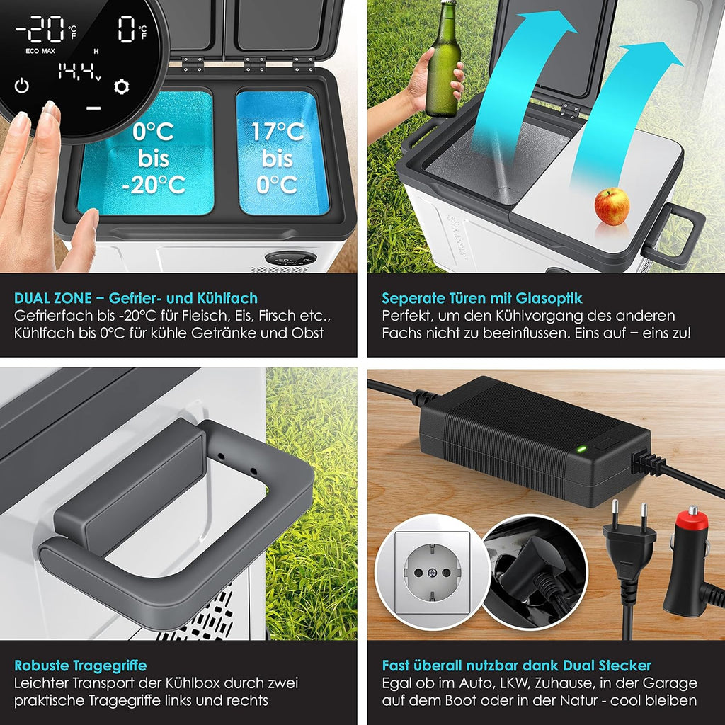 KESSER® Kompressor Kühlbox 2in1 Doppelzone Kühl & Gefrierfach elektrische Gefrierbox mit 2x Kühlakkus & LED-Touch-Bedienung | Kühlschrank Kühlung bis -20 °C für Camping, Auto, Lkw 12/24V 230V