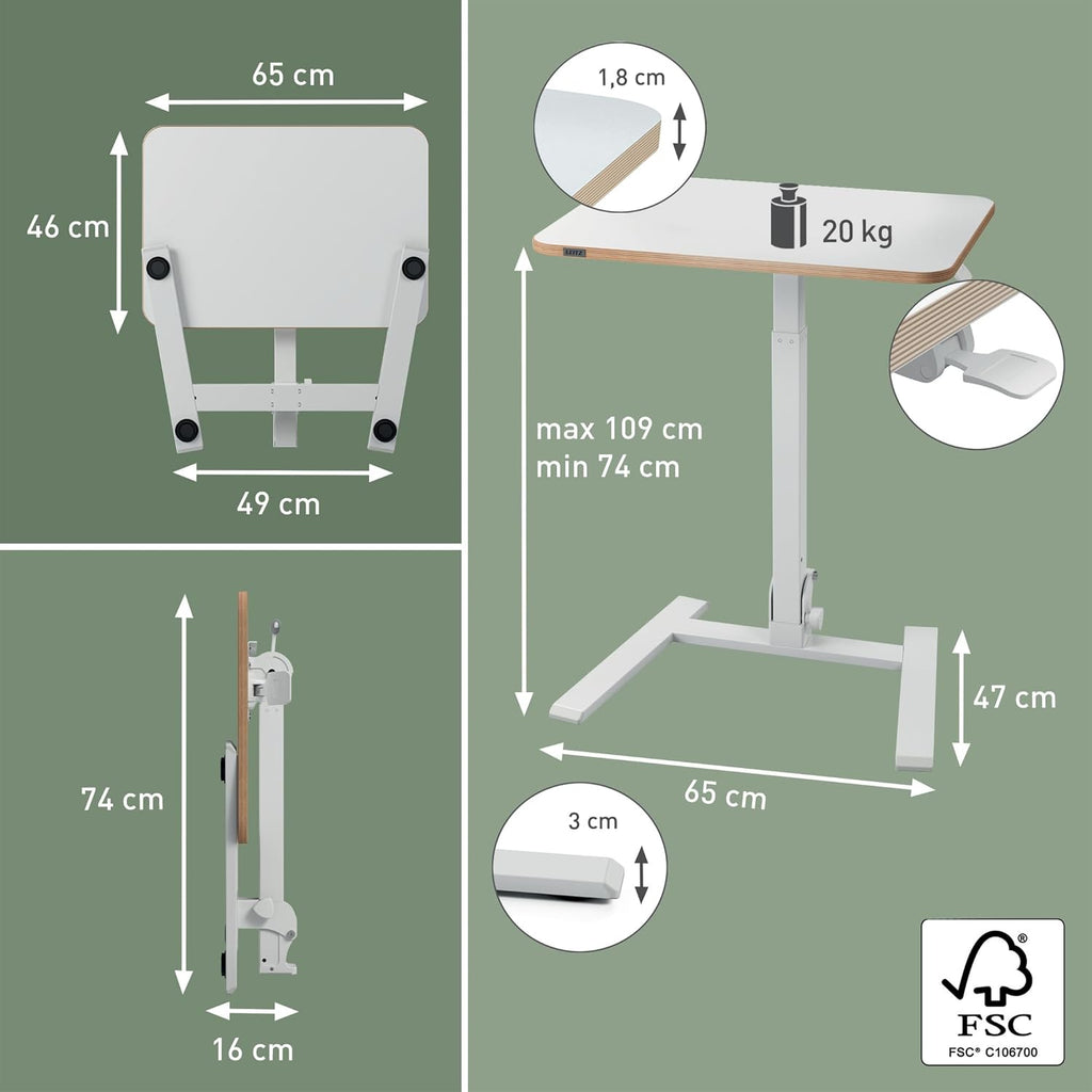 Leitz Ergo Klappbarer und höhenverstellbarer Schreibtisch, Kompaktes Stehpult mit Tragegriff, Ergonomischer Arbeitsplatz für das Home Office, Belastbar bis 20 kg, 65 x 48 cm, Weiß, 65880001