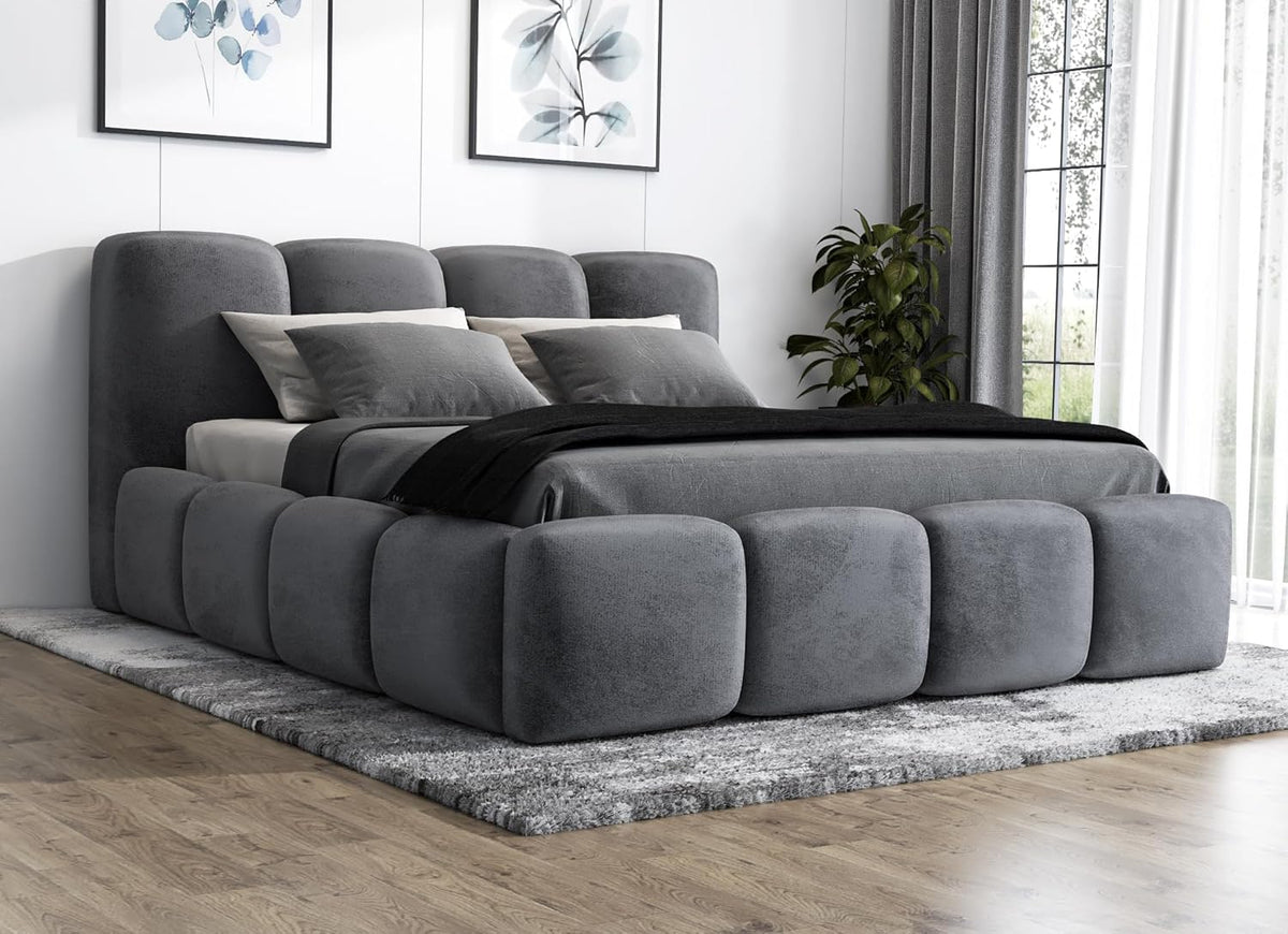 A&J MöbelLand Polsterbett 140x200 mit Bettkasten und Lattenrost – DONA, Bett mit Matratze und Stauraum in Dunkelgrau