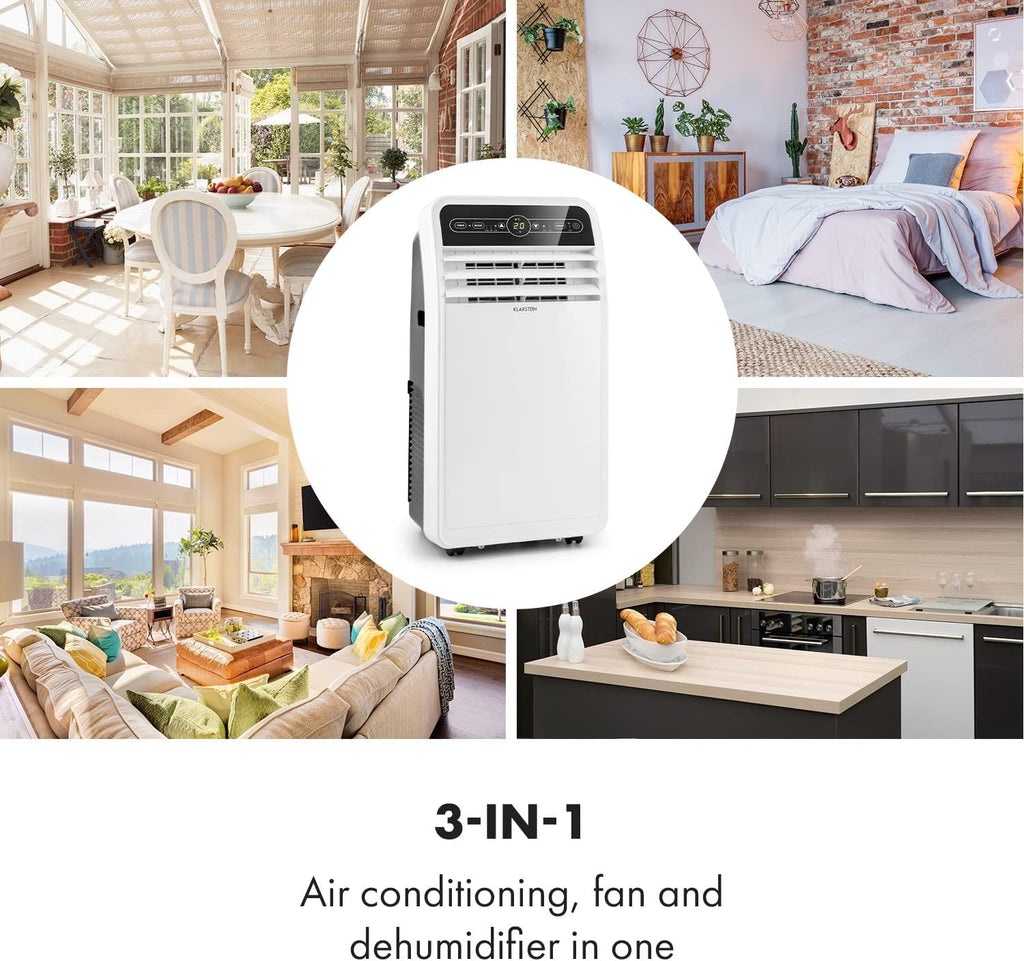 Klarstein Mobile Klimaanlage mit Abluftschlauch, 4-in-1 Klimagerät mit Ventilator, Luftentfeuchter & Nachtmodus, Kleine & Portable Klimaanlage für Wohnung & Büro, Niedriger Verbrauch, 9000 BTU