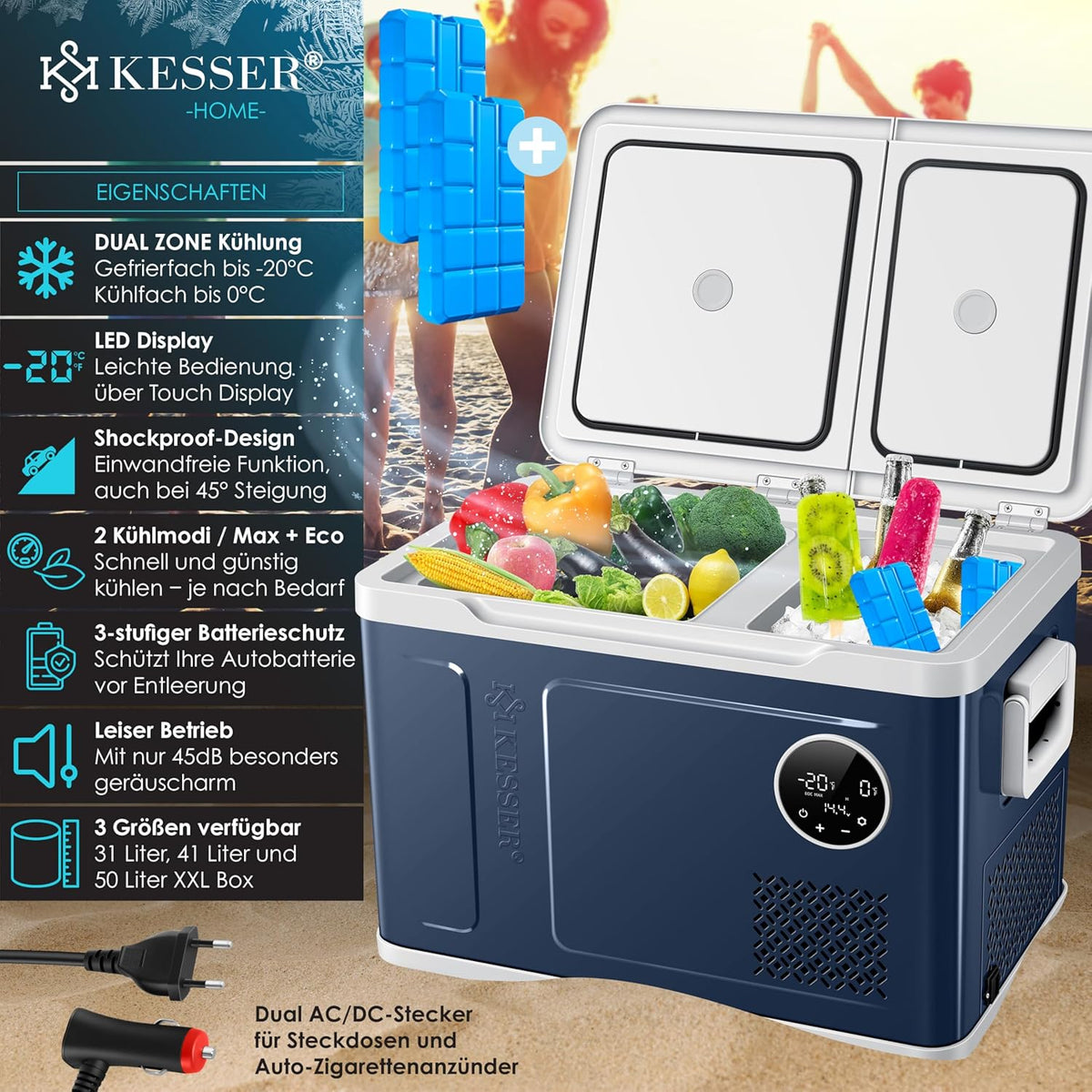 KESSER® Kompressor Kühlbox 2in1 Doppelzone Kühl & Gefrierfach elektrische Gefrierbox mit 2x Kühlakkus & LED-Touch-Bedienung | Kühlschrank Kühlung bis -20 °C für Camping, Auto, Lkw 12/24V 230V