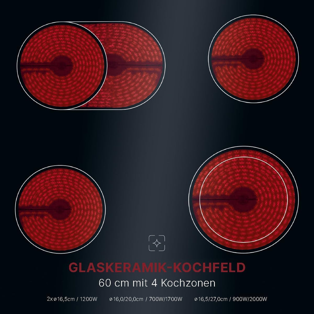 Bomann Elektroherd-Set | Einbauherd mit Ceranfeld | Kochfeld mit 4 Kochzonen | Einbaubackofen mit 56l Nutzinhalt | 9 Backofen Funktionen | Glaskeramik-Kochfeld mit Bräterzone | EHBC 7936 IX