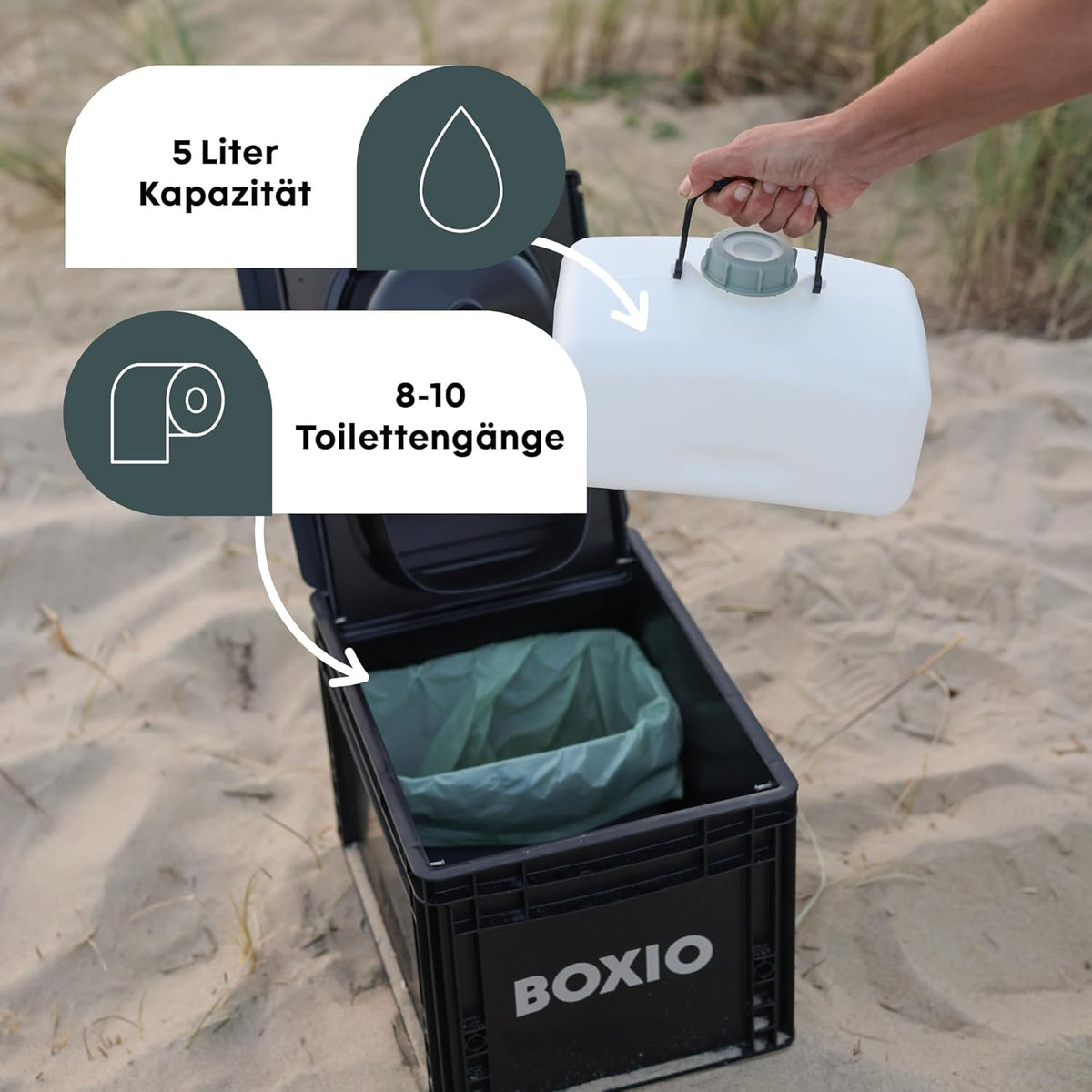 BOXIO - Toilet Plus: Campingtoilette Starter Kit mit Hemp, Plug & Bags, Mobile Trockentrenntoilette ohne Chemie für Camping, Van, Outdoor, Dachzelt: Toilette auf Eurobox Basis ohne Strom für unterwegs