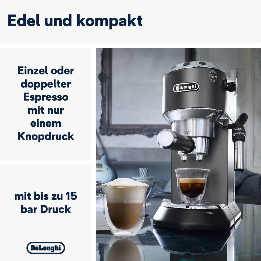 De'Longhi Dedica Style EC 685.M – Espresso Siebtrgermaschine, Espressomaschine mit professionellem Milchaufschumer, nur 15 cm breit, für Kaffeepulver oder ESE Pads, 1 l Wassertank, silber