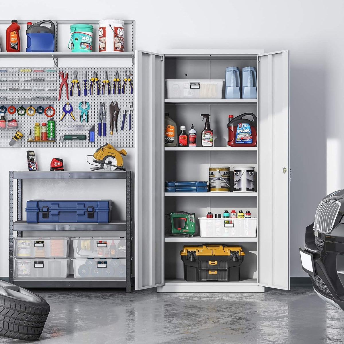 SONGMICS Aktenschrank, Mehrzweckschrank, Stahl-Aufbewahrungsschrank, 5 Ebenen, Doppeltüren, Schloss, Werkzeugschrank, verstellbare Ablagen, Garage, Büro, Wohnzimmer, grau OMC015G01