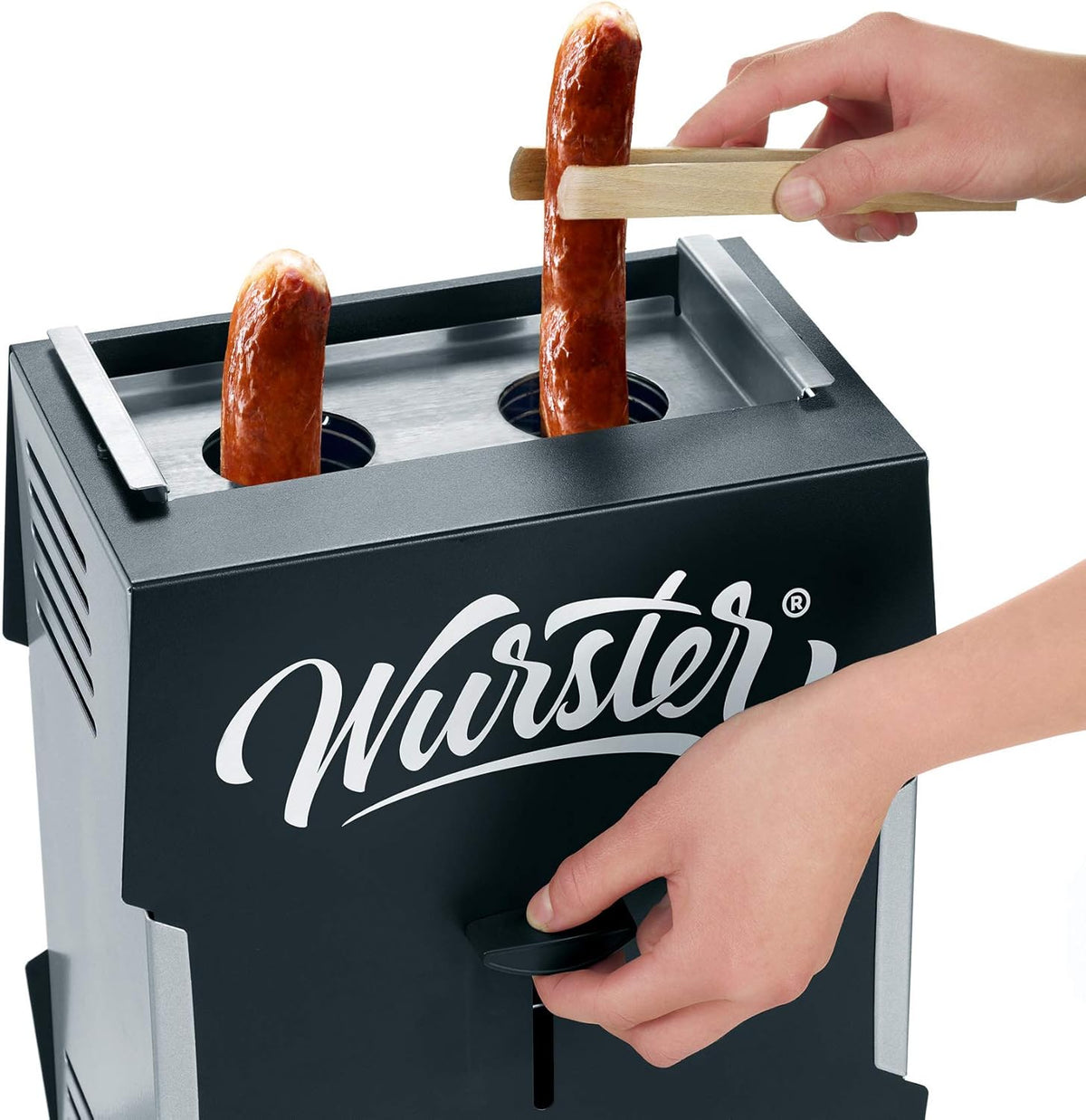 SEVERIN WURSTER, perfekt gebräunte Würstchen auf Knopfdruck in nur 5 Minuten, ohne Zugabe von Fremdfett, inkl. Holzzange, Schwarz, Edelstahl/Kunststoff, WT 5005
