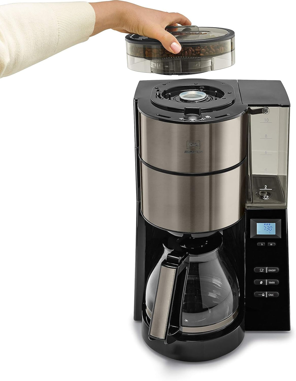 Melitta AromaFresh - Filterkaffeemaschine - mit Glaskanne - integriertes Mahlwerk - Timer Funktion - 10 Tassen - Pure Black