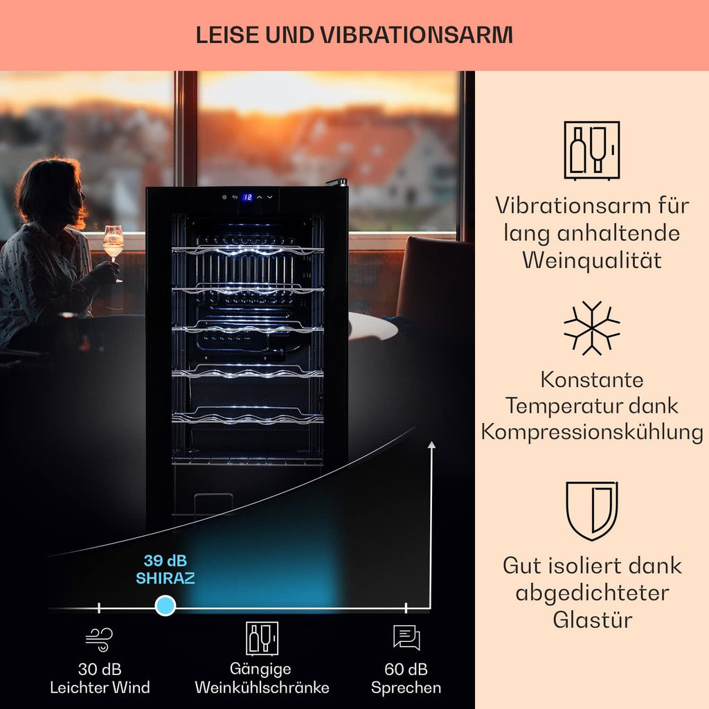 Klarstein Weinkühlschrank, 1 Zonen Getränkekühlschrank Klein, Kleiner Weinschrank 74L, Wein-Kühlschrank Klein mit Glastür, Indoor/Outdoor Flaschenkühlschrank, Wine Fridge 5-18°C, 28 Flaschen