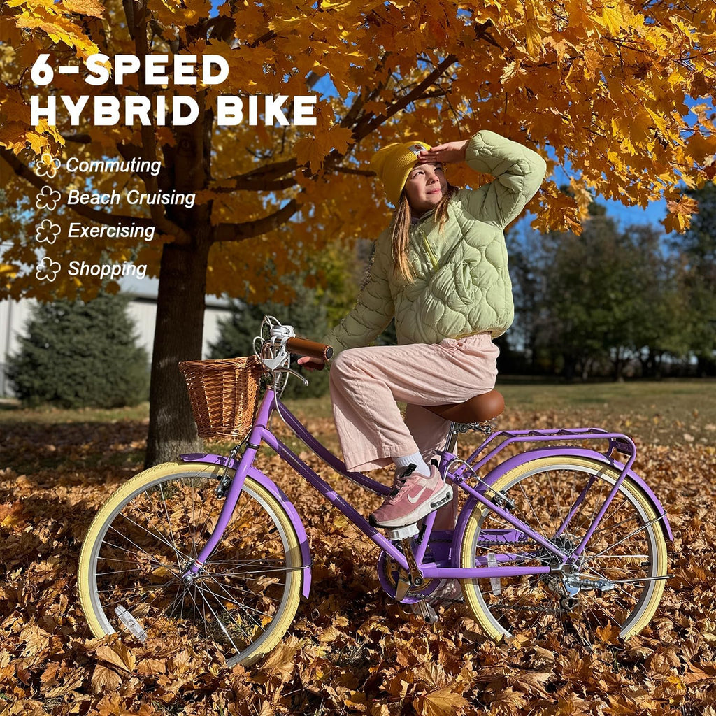 Glerc Missy 20 24 26 Zoll Mädchen City 6-Gang Hybrid Cruiser Fahrrad mit Weidenkorb für Jugend über 6-Jahre alt, mehrere Farben