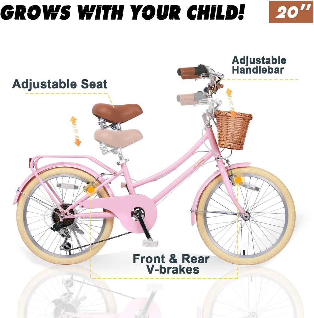 Glerc Missy 20 24 26 Zoll Mädchen City 6-Gang Hybrid Cruiser Fahrrad mit Weidenkorb für Jugend über 6-Jahre alt, mehrere Farben