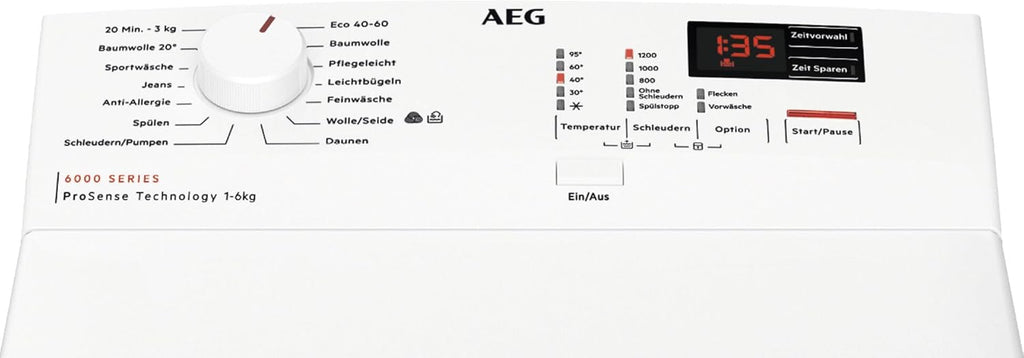 AEG Waschmaschine Toplader, Serie 6000 ProSense: Mengenautomatik, 6 kg, EEKL A, SoftOpening Trommeldeckelöffnung, Wasserschutzalarm, Wasserstoppschlauch, Inverter Motor, 1400 U/min, LTR6A41460