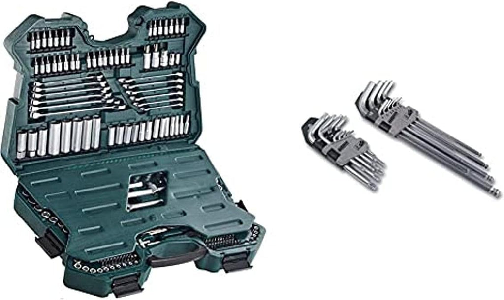 Mannesmann M98430 - Maletín con llaves de vaso y otras herramientas (215 piezas, tamaño: 12x36x51 cm), Color Verde Mannesmann