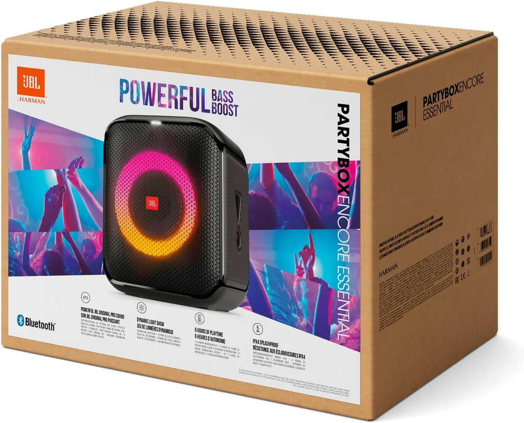 JBL PartyBox Encore – Tragbarer Party-Lautsprecher für drinnen und draußen – Mit eingebauten Lichtern, IPX4-Design und tiefem Bass – 10 Stunden Laufzeit – Schwarz