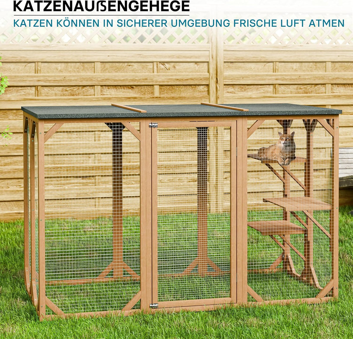 Wiltec Freilaufgehege Katzen 168 x 82 x 166,5 cm mit 6 Liegeflächen, wetterfestes Katzengehege Garten, Katzenhaus mit Drahtgitter und Bitumen Dach