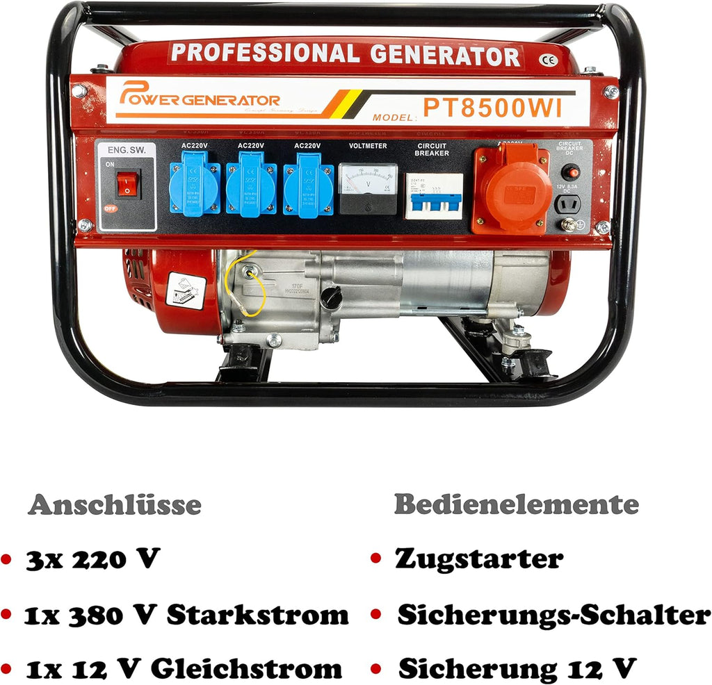 Stromgenerator mit Benzin | Stromerzeuger mit Zubehör | Notstromaggregat leise | 5 Steckdosen 3x 230V / 1x 400V / 1x 12 V | 6,5 PS (Stromgenerator mit Zugstarter)